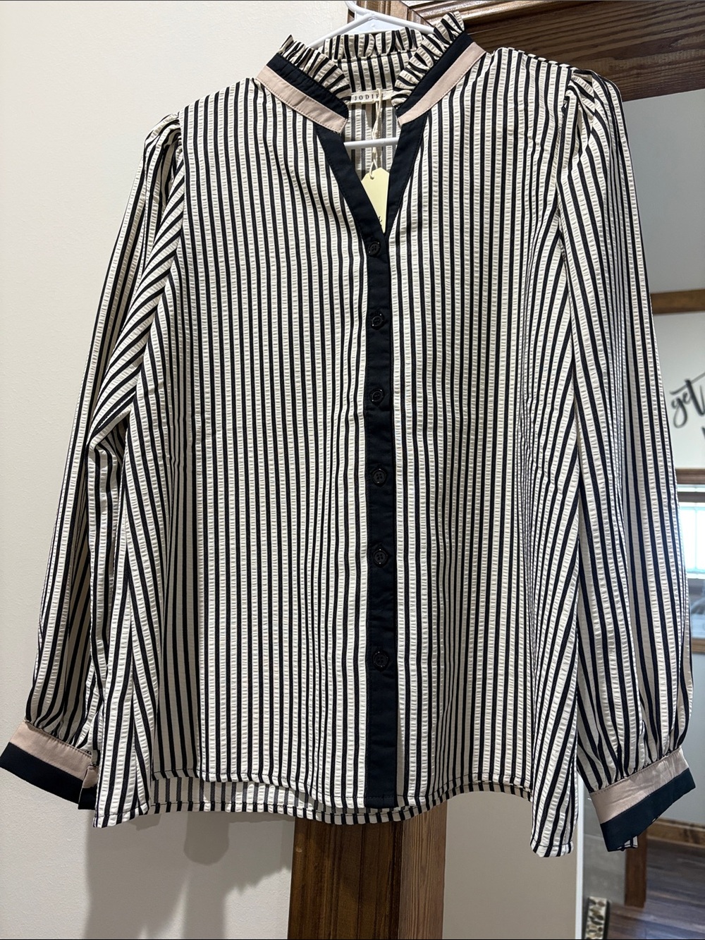 JODIFL Black and White Striped Button-Down Shirt with Beige Trim NWT